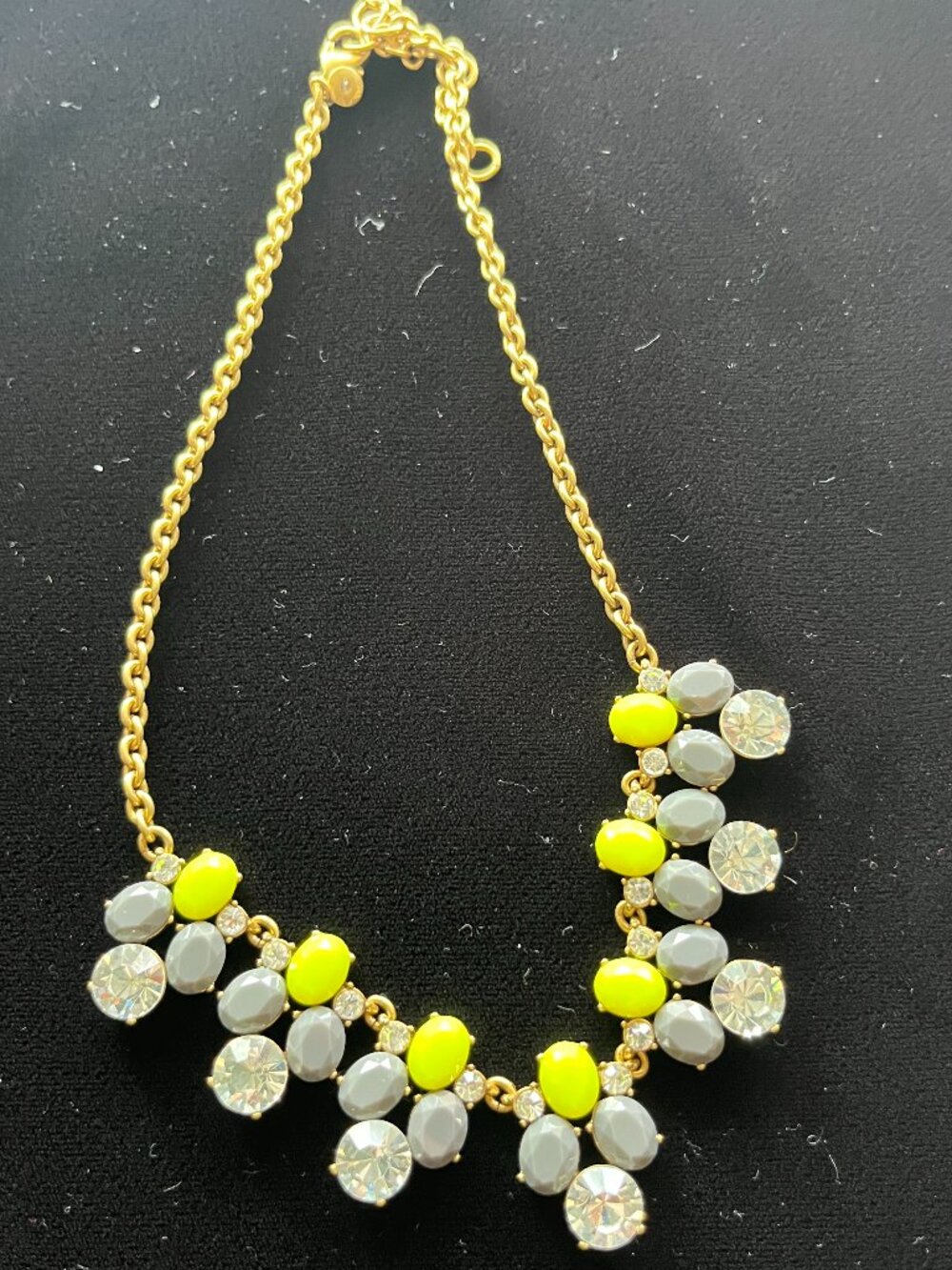 JCrew Neon Green & Gray Rhinestone Statement Necklace Gold Tone 